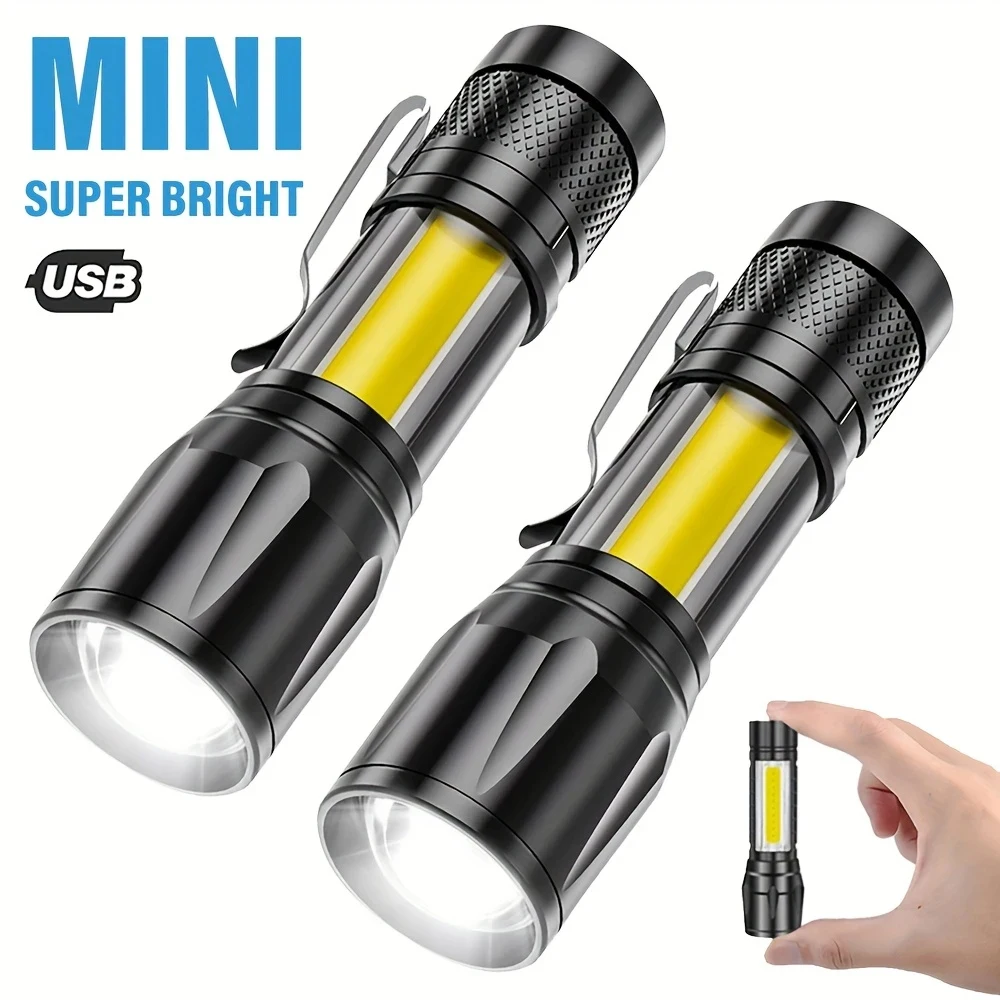 Powerful LED Flashlight COB+XPE Zoom Tactical Torch Built in Battery USB Rechargeable Camping Waterproof Lantern with Pen Clip