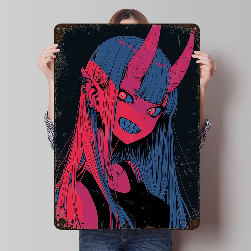 Anime Dämonenmädchen mit Hörnern Blechposter Individualisierte Wandkunst Vintage Metallschilder Retro-Platten für Heimdekoration Gaming-Raum