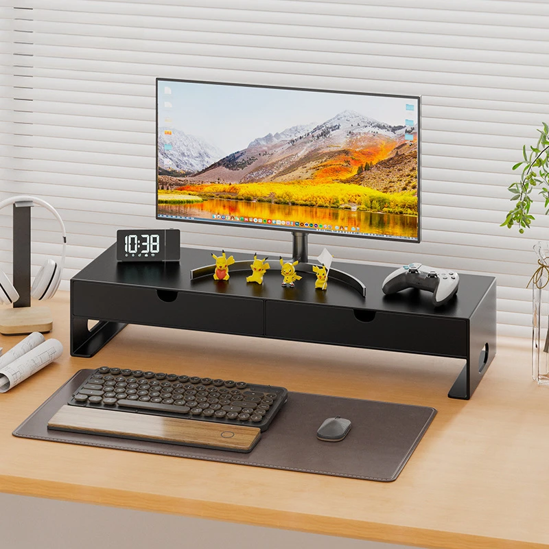 Metal Monitor Stand with Drawer Steel Desktop Organizer PC Computer Base for Office Home Desk Storage Space Saver (Black/White)