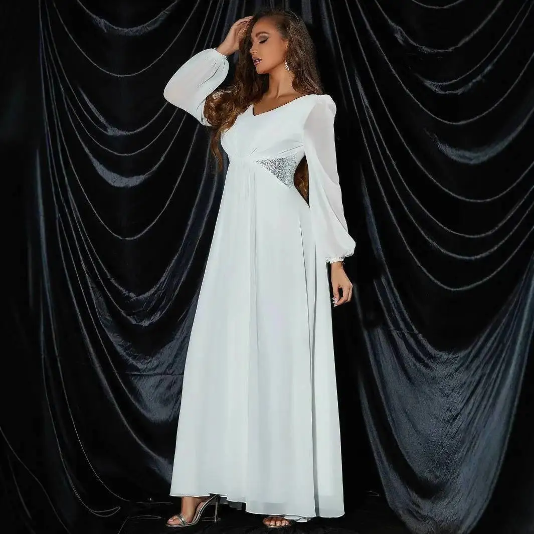 

Сплошное цветное шифоновое длинное вечернее платье с длинными рукавами и v-образным вырезом, офисное пляжное платье 2025, летнее платье, халат, женское платье