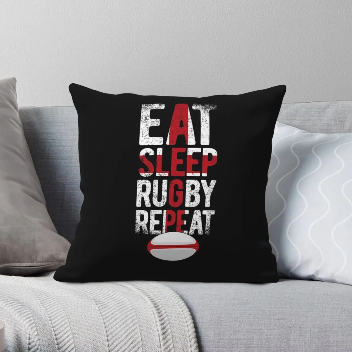 Eat Sleep Rugby Repeat England Rugby Square Pillowcase Polyester Linen Velvet Printed Zip Decorative Sofa Cushion Cover 45x45