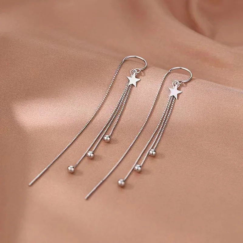Summer New 925 Sterling Silver Star Earrings Long Tassel Round Bead Earrings Women\'s Fashion Jewelry Party Gift