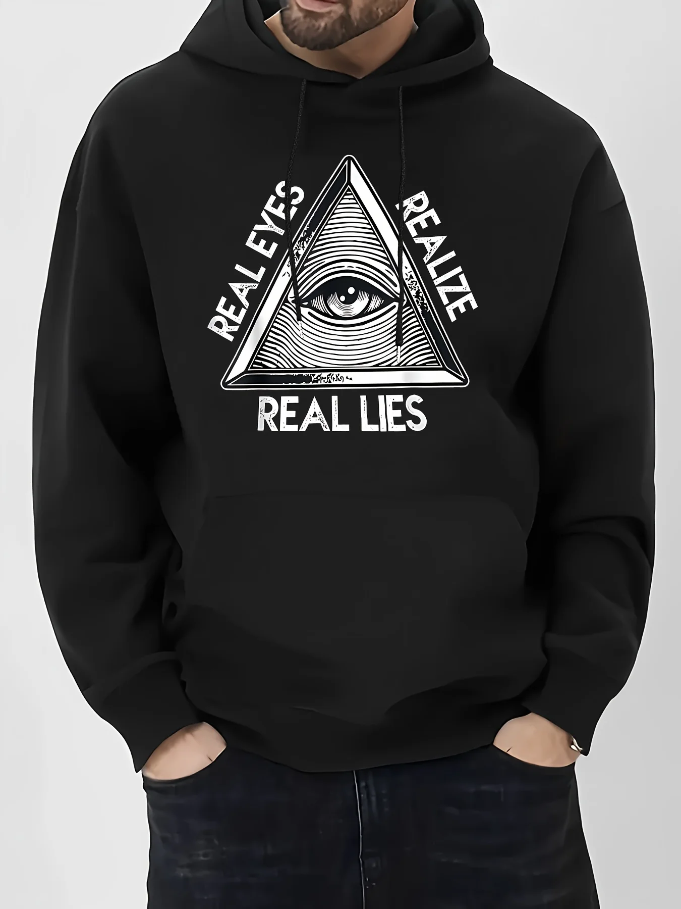 Men Real Eyes Realize Real Lies Triangle All‑Seeing Eye Graphic Hoodie Casual Drawstring Kangaroo Pocket Oversized Streetwear Pullover Sweatshirt