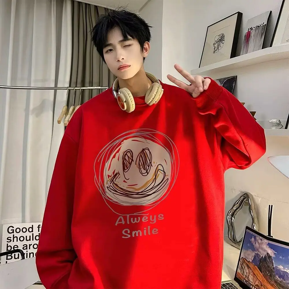 인스 트렌디 홍콩 스타일 빈티지 루즈핏 라운드넥 맨투맨, 그래피티 웃는 얼굴 프린트 캐주얼 플러스 사이즈, 긴팔