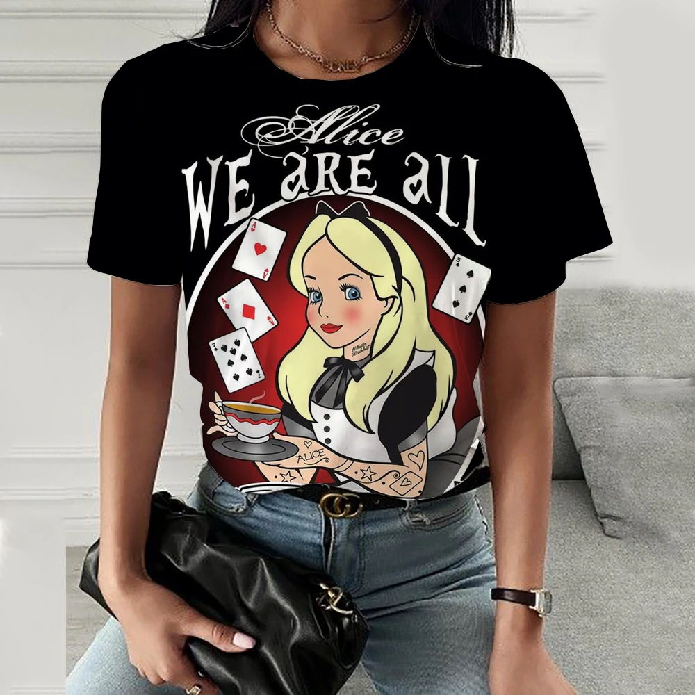 Fashion Disney Princess Prints T-shirt Women's Clothing Summer Short Sleeves Tops Casual Kawaii T Shirts Clothes