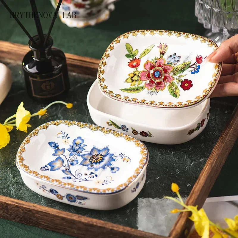 Creative Gold-plated Painted Flower Soap Dish Household Ceramic Double Drain Soap Box Storage Shelf Bathroom Accessories Modern