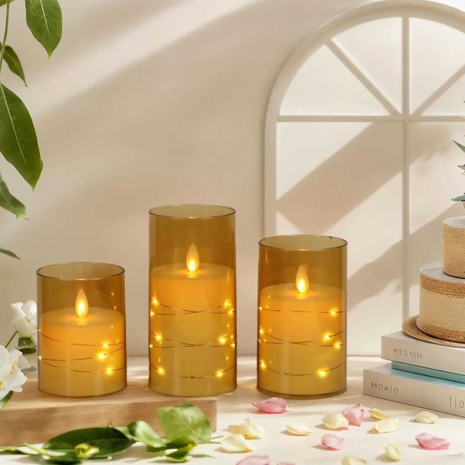 3/5pcs Flameless Flickering Candle w/Embedded Star String Lights Battery Operated Moving Wick Acrylic LED Candles Home wedding