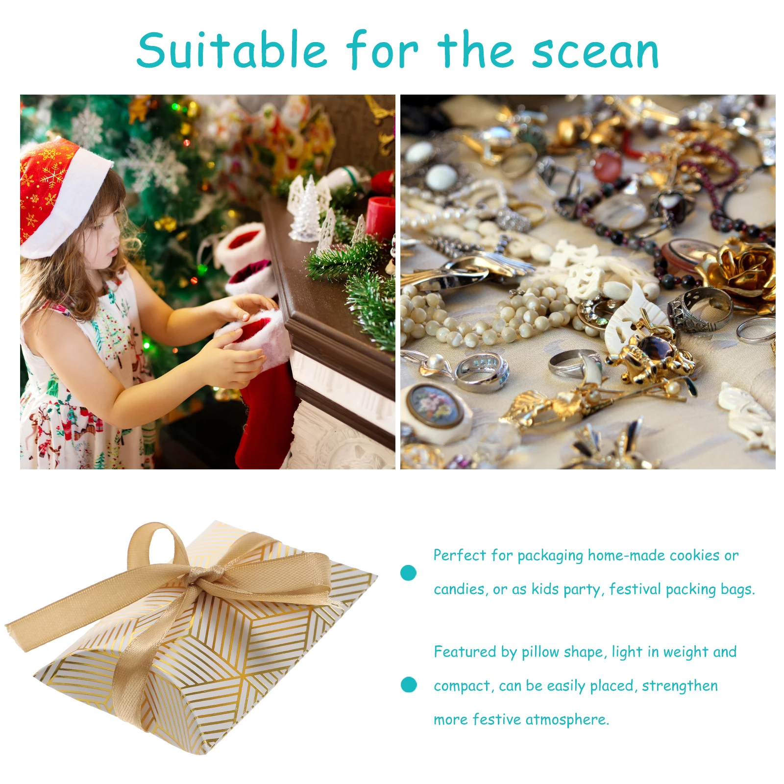 

50 Pcs Gold-stitched Gift Box Christmas Candy Decorations Boxes Pillow for Party Treat Favors Packaging Containers