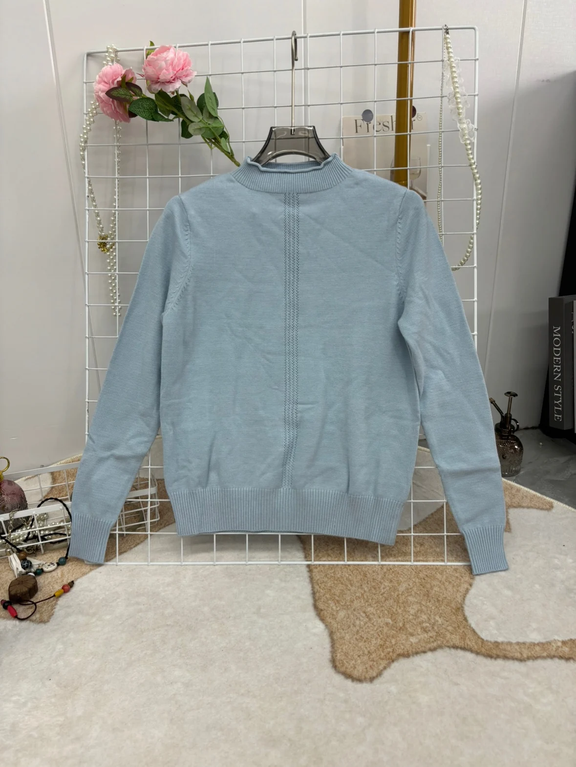 

Blue Knitted Sweater f High Collar Loose Fit Faionable Versatile Women's Autumn Winter Warm Long Sve Zipper Closure
