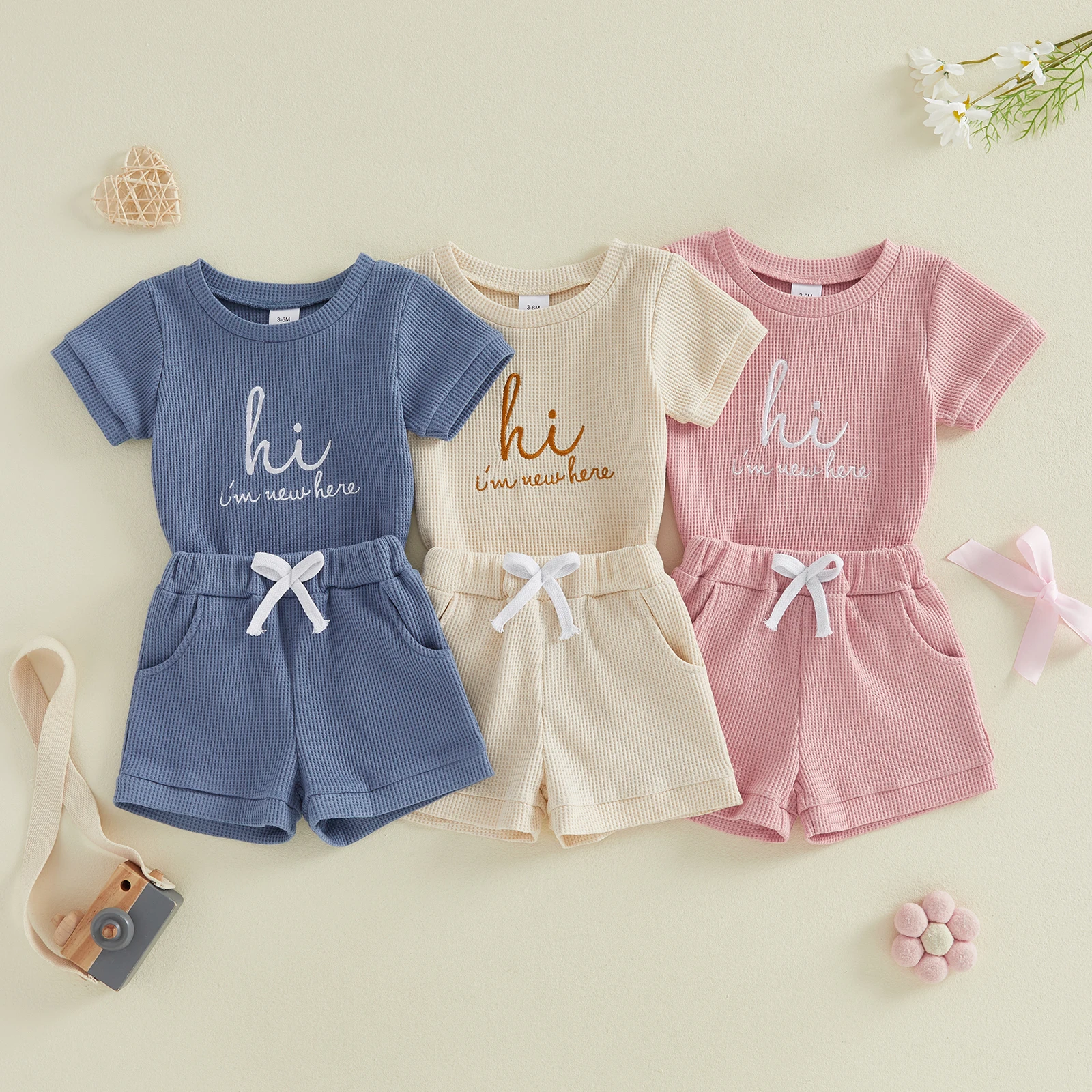 Baby Girls Boys Shorts Outfits Short Sleeve Letter Embroidery Romper Drawstring Shorts Sets