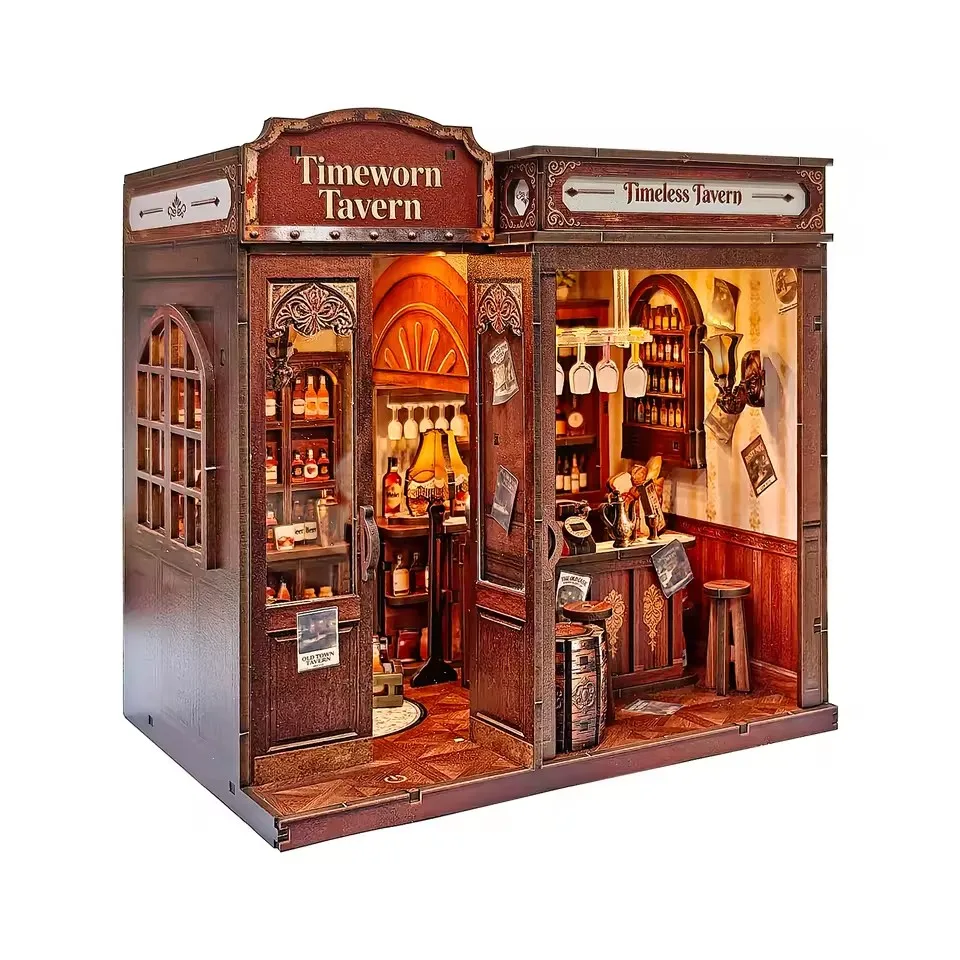Kit de Inserción para Estante de Librería DIY de Madera con Diseño de Taberna Envejecida, Modelo en Miniatura con Luz y Sujetalibros, Ideal para Regalos de Cumpleaños para Amigos