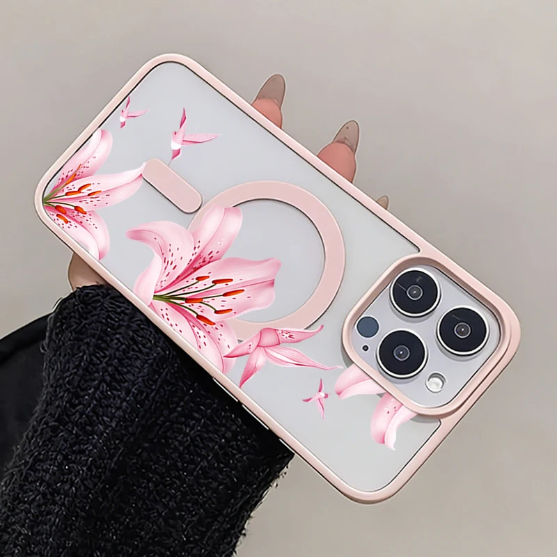 Funda Magnética con Diseño de Flores Rosadas y Pájaros para iPhone 17 16 12 14 15 Pro Max Plus Air 17E 16E 11 13, Compatible con Carga Inalámbrica Magsafe