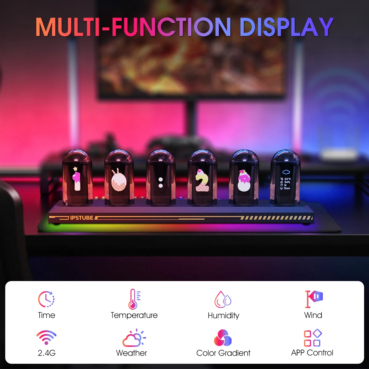 RGB Nixie-Röhren-Uhr mit IPS-Farbdisplay, Vollfarbige Neon-Glühröhre, Zeit-, Foto- und Wetteranzeige für Desktop-Dekoration – Detail 1
