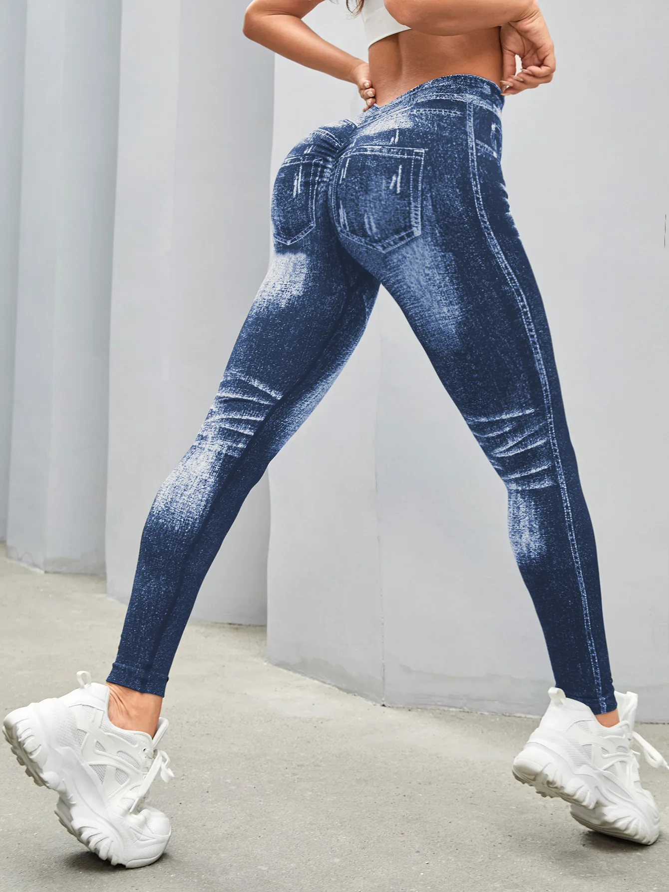 Damen Gym Bedruckte Yoga-Leggings Nahtlose Hochtaillierte Denim-ähnliche Perforierte Hosen mit Fake-Taschen Yoga Fitness Leggings – Detail 21