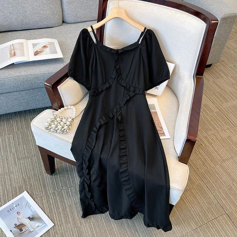 

Women Plus Size XL-7XL Vintage Chic Party Dress Short Sleeve Sexy Split Long Dresses 2024 New Summer Black Clothing Elegant Bobe