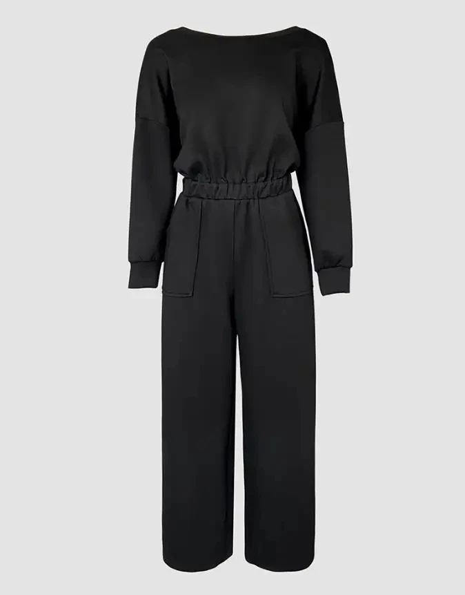 Women's Fashion One Piece Pants Drop Shoulder Long Sleeve Contrast Lace Backless Overalls Casual Elastic Waist Wide Leg Jumpsuit