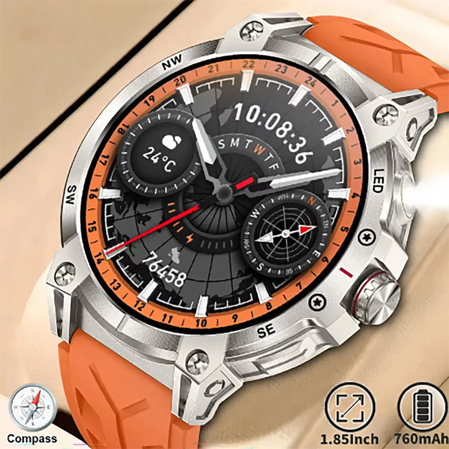 

1.8 Inch Smart Watch for Outdoor Sports with Compass Heart Rate & Blood Oxygen Monitor BT Call SOS IP68 Waterproof Features