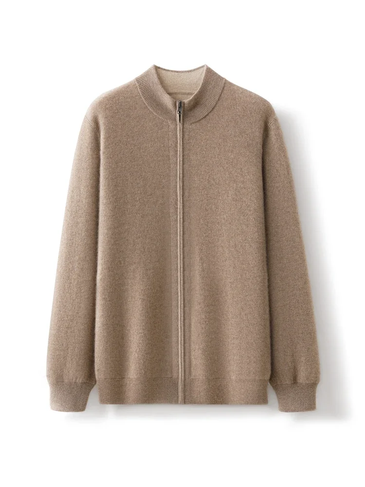 Heavyweight Men's Autumn Winter Sweater Cardigan 100% Cashmere Clothes Coat Mock Neck Two-Color Business Warm Thick Zipper Knit