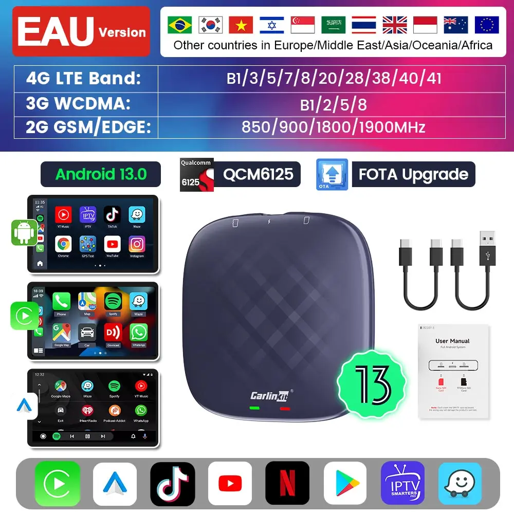 Carlinkit CarPlay Ai Box Qualcomm 6125 8-Core CPU Android 13.0 Draadloze CarPlay Android auto Voor OEM Auto Ingebouwde Bedrade CarPlay