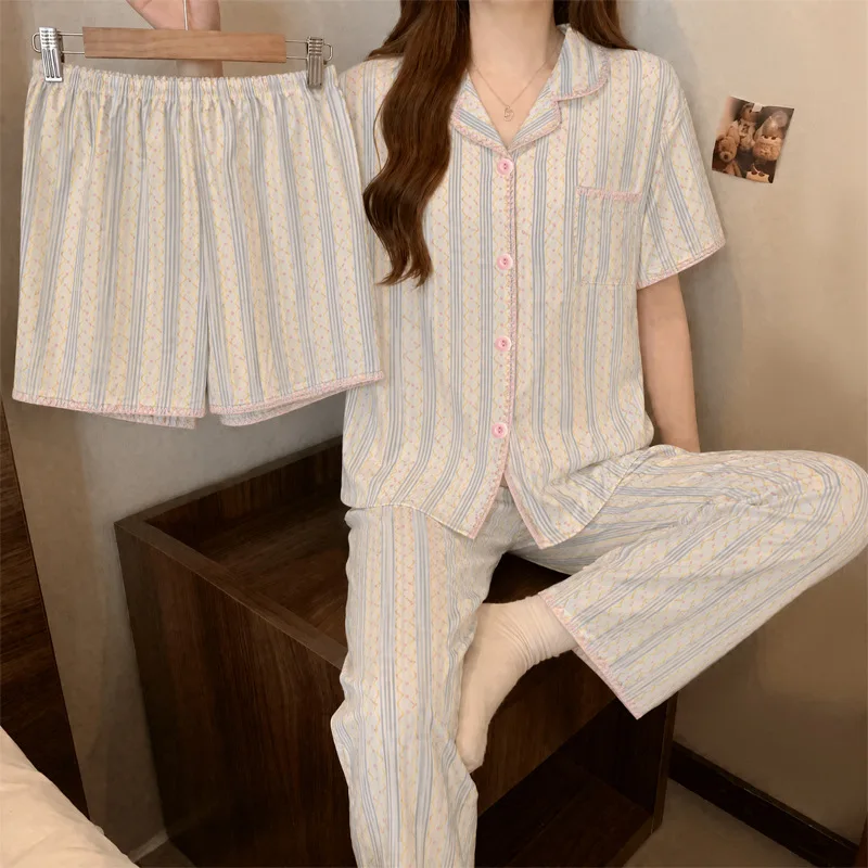 

New Korean-Style Girls' Short-Sleeve Three-Piece Pajama Set with Crescent-Shaped Trim—lightweight Spring/Summer Loungewearer Set