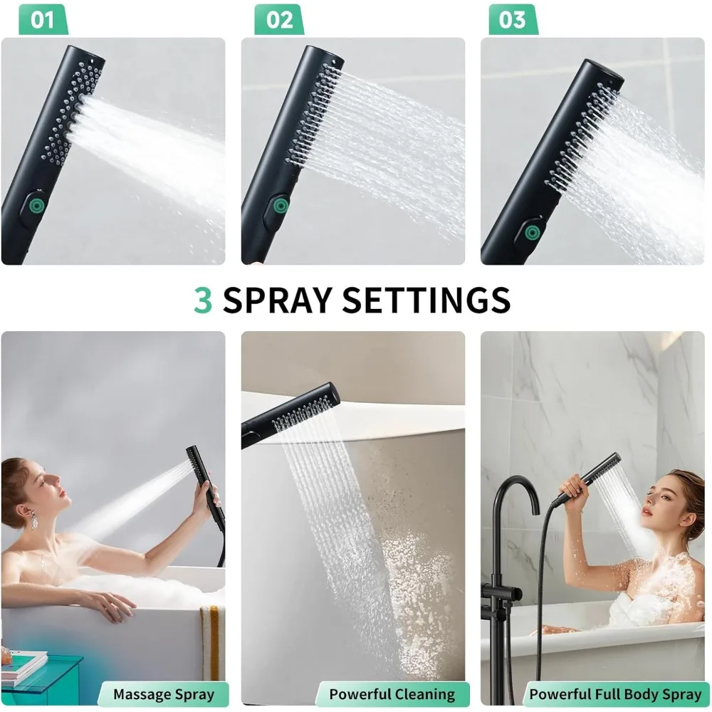 Freestanding Bathtub Faucet Set with High Flow Matte Black Floor Mount Tub Filler and 3-Function Handheld Shower Head