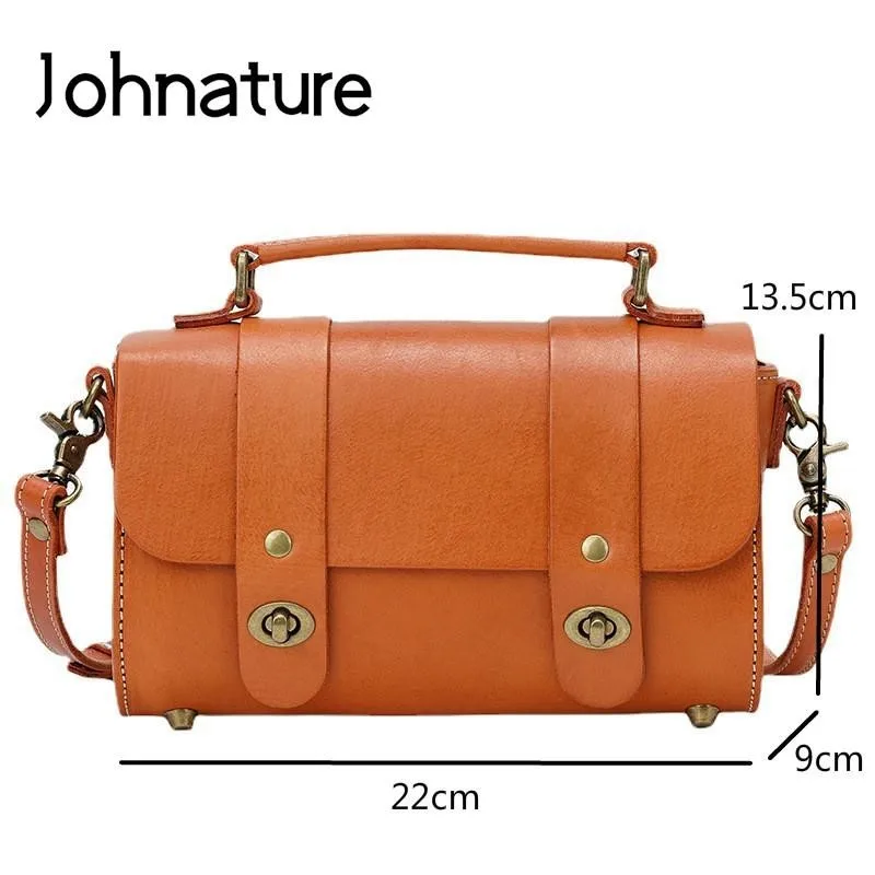 Johnature 2024 Autumn New Vintage Women Messenger Bag Real Cow Leather Handbag Handmade Leisure Solid Color Shoulder Bags