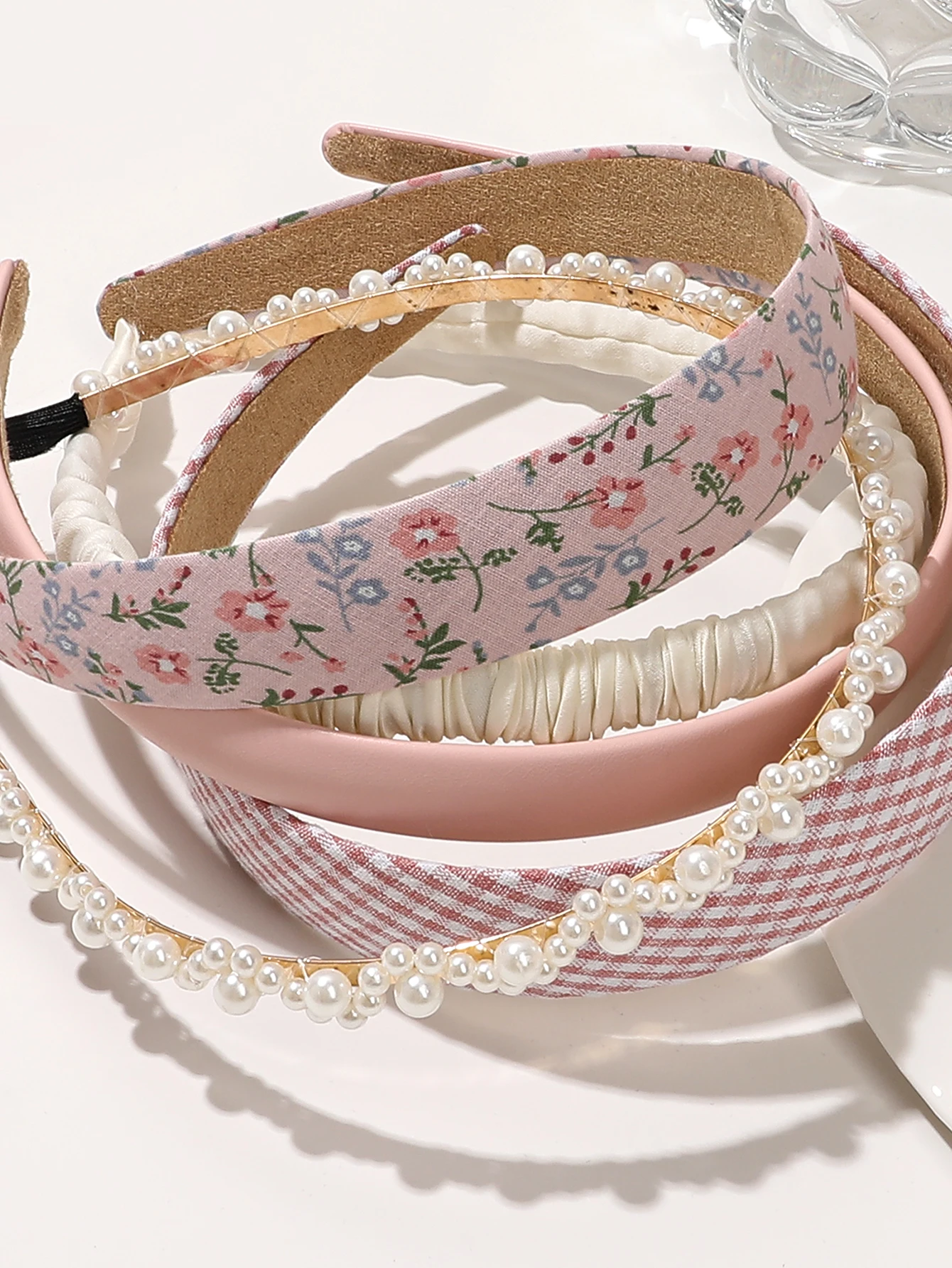 5Pcs Pink Headband Set,Pearl Hairband Floral Headbands Padded Headbands for Vintage Wide,Bandana Hair Accessories for Women