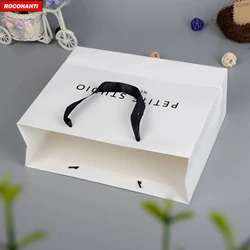 10pcs white paper gift bags with black handle recyclable paper packaging bags clothing shoe custom shopping paper bag with logo