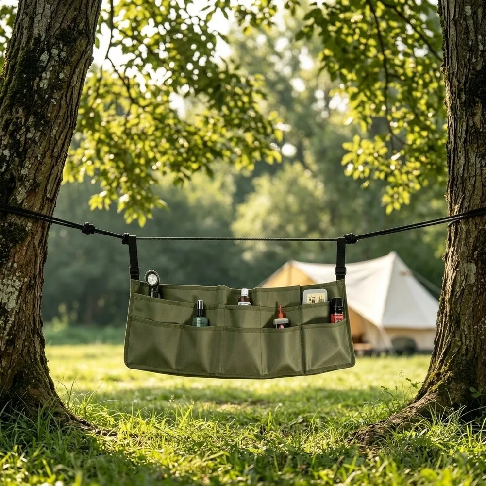 Cot Side Storage Pouch for Camping Gear Organization Multi Pocket Hanging Bedside Organizer 19x60cm Polyester Material