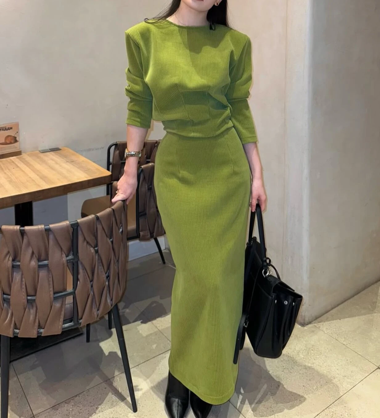 Women 2 Piece Knitted Outfit Set Shoulder Pad Long Sleeve Round Neck Ribbed Top High Waist Midi Skirt Chic Casual Matching Suit