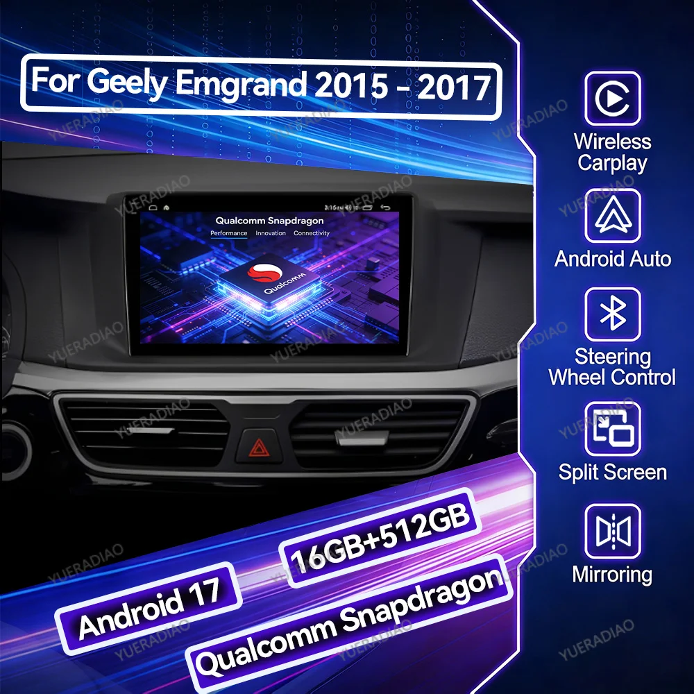 Android 17 Car Radio For Geely Emgrand GT GC9 Borui 2015 - 2016 GPS NAVI QLED Multimedia Stereo Video Player 4G LTE 5G WIFI 2DIN