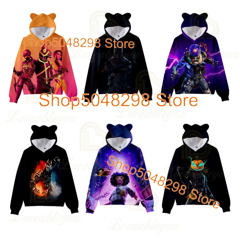 Sweat-shirt à capuche avec oreilles de chat Fortnite 3D, Streetwear pour adultes et enfants, vêtements de printemps et d'automne pour femmes et filles, nouvelle collection