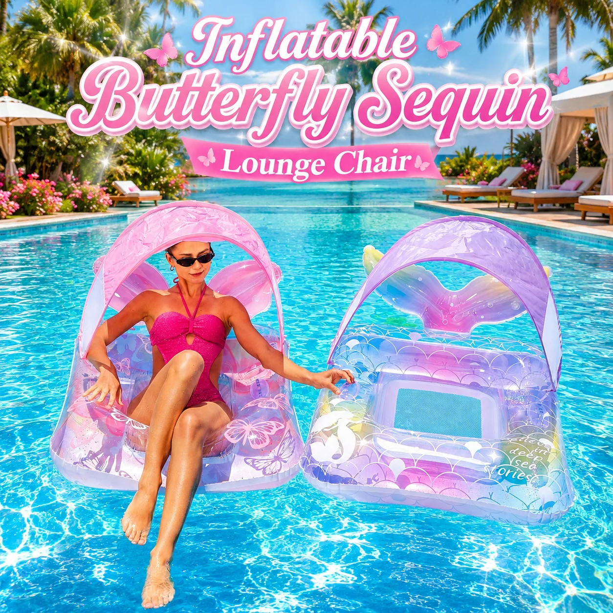 1 unidad Sillón Flotante Hinchable con Lentejuelas de Mariposa y Toldo, Hamaca Acuática, Balsa y Tumbona para Piscina de Verano