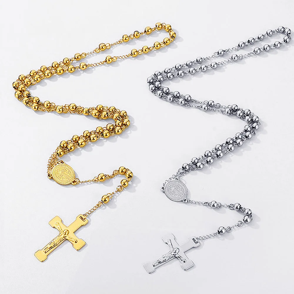 FIREBROS 6mm Beads Long Chain Catholic Rosary Necklace Stainless Steel Jesus Crucifix Cross Pendant Men Women Religious Jewelry