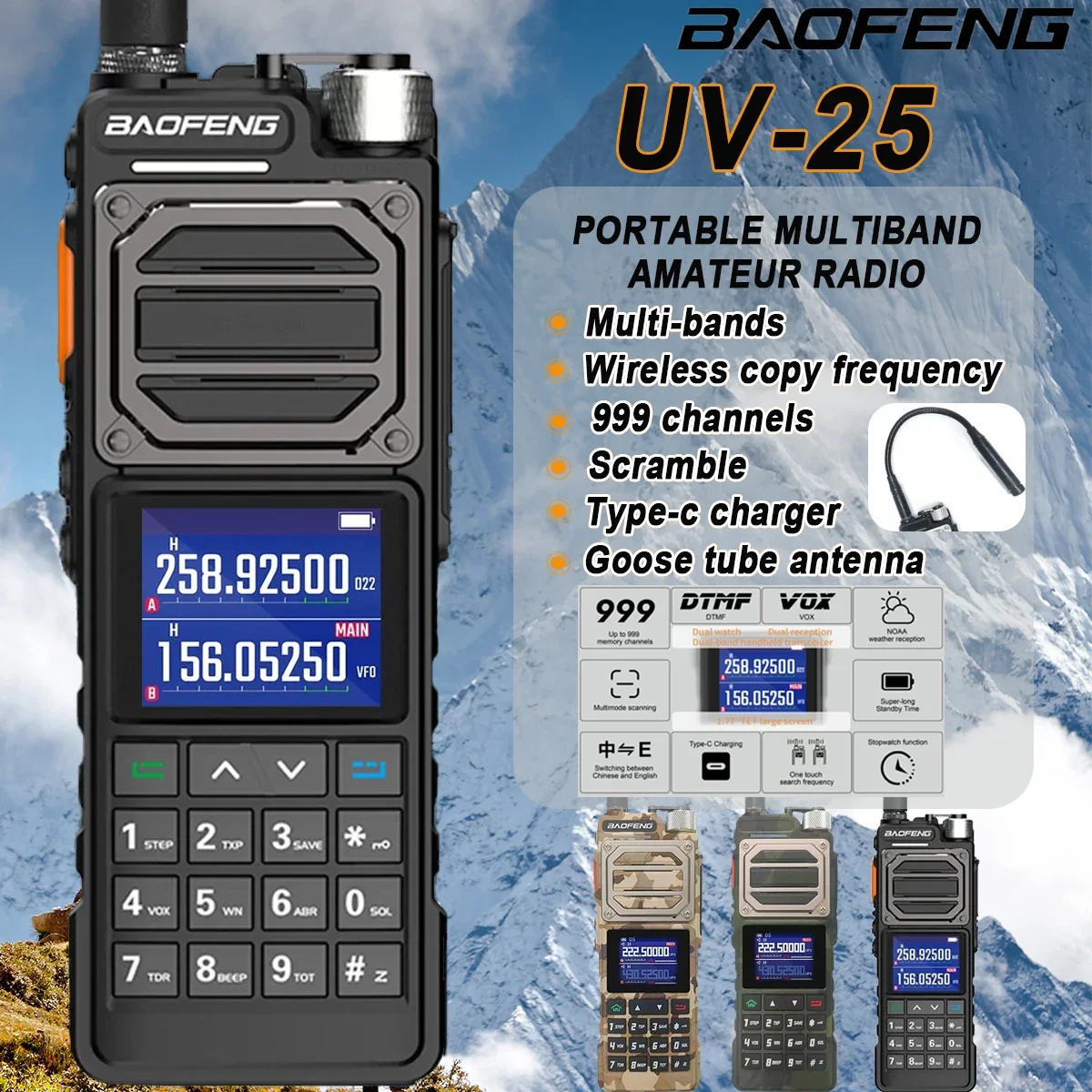 Baofeng اسلكية تخاطب مجموعة UV-25 10 واط 10 كجم متعدد الموجات اللاسلكية نسخة تردد الهواة راديو FM NOAA توقعات الطقس اتجاهين الراديو