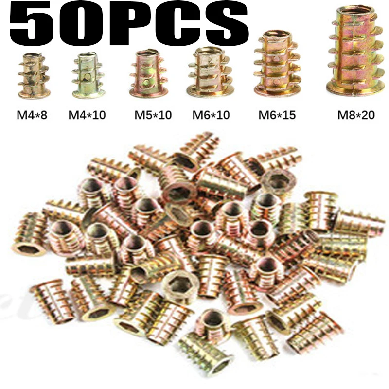 50Pcs Zinc Alloy Thread For Wood Insert Nut M4 M5 M6 M8 Flanged Hex Drive Head Furniture Nuts Kit  Bolts and Nuts