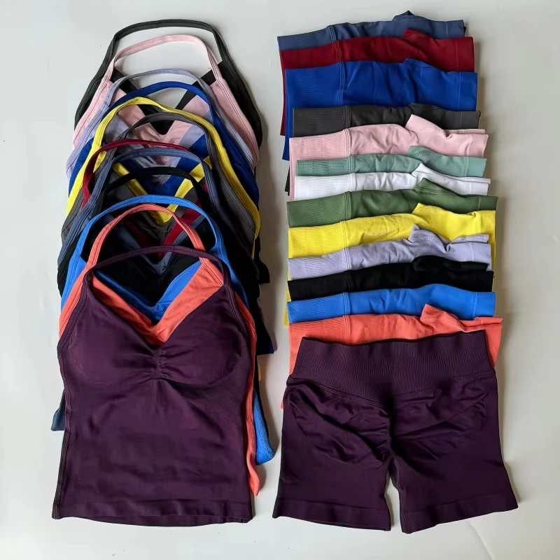 

Ударный спортивный комплект из 2 предметов, женские топы с открытой спиной, бесшовные шорты с высокой талией, спортивный костюм, одежда для фитнеса, спортивная одежда, комплекты для тренировок