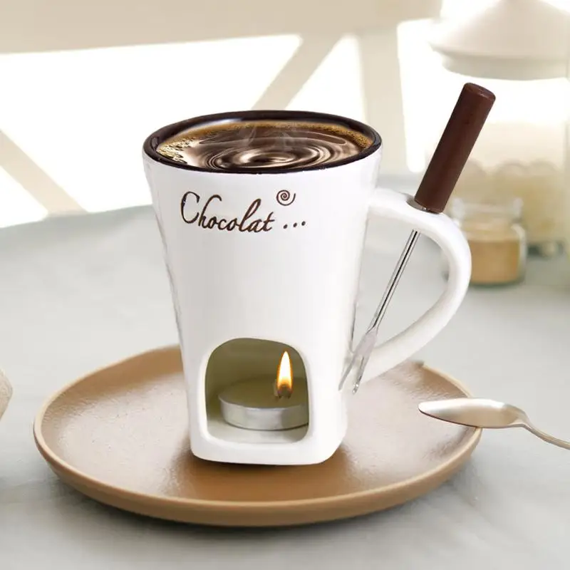 200ml Chocolate Fondue Mug 3 Pieces Ceramic Tea Candle Fondue Set Butter Warmer Heating Tea Light Melting Pot For Candy Caramel