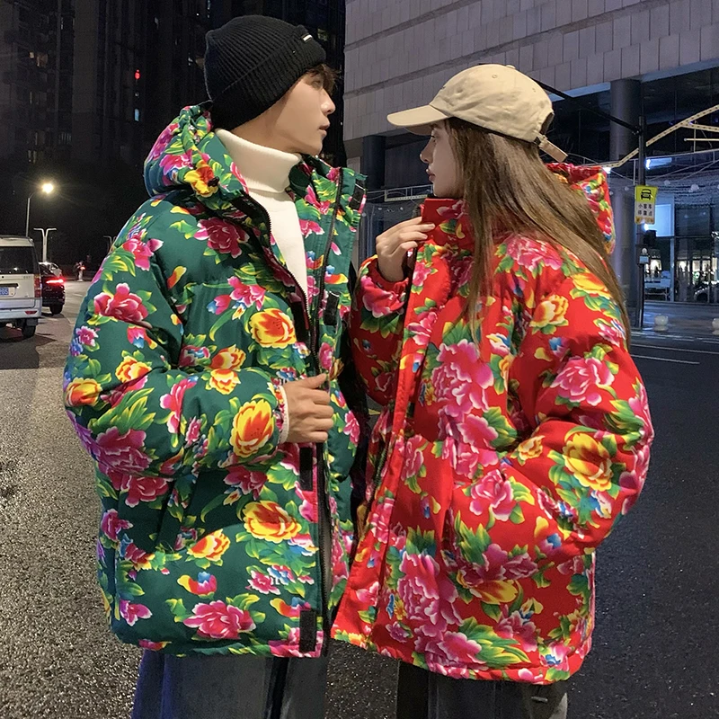 

Northeast Rural Large Flower Cotton Jaet Men's Winter Thiened Hooded Cotton Coat Couple's Outerwear Traditional Peony Pat...