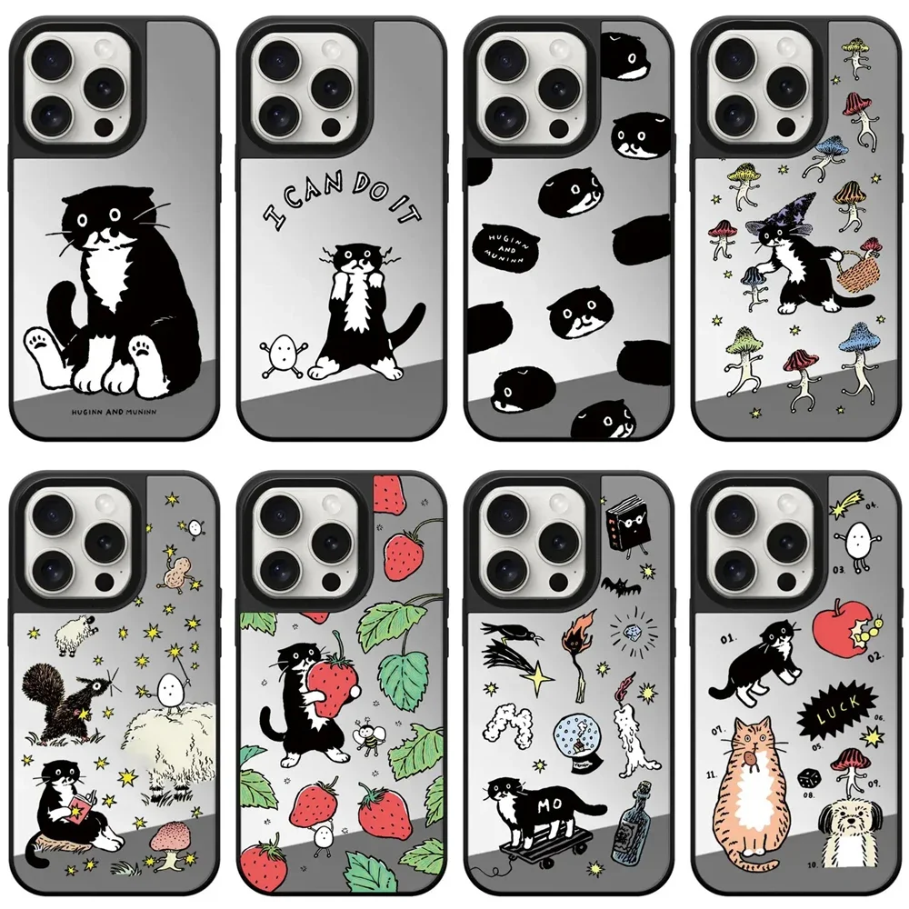 Cartoon Black Cat Strawberry Mirror Magnetic Phone Case Cover for IPhone 11 12 13 14 15 Pro Max Case