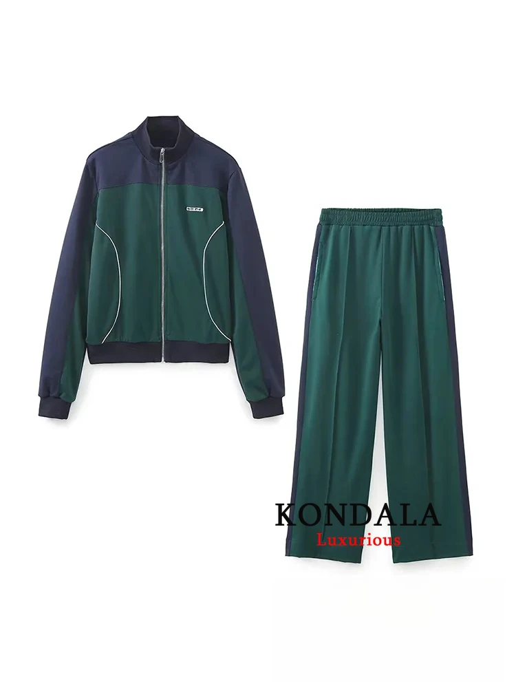 

KONDALA винтажный повседневный спортивный женский костюм с воротником-стойкой, пальто с прямыми боковыми полосками, свободные длинные брюки, модные комплекты весны и лета 2025 г.