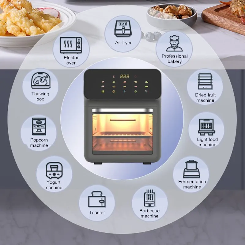 หม้อทอดไร้น้ำมันแบบมองเห็นได้ 15 ลิตร พร้อมหน้าต่างโปร่งใส 1350 วัตต์ หน้าจอสัมผัสแบบดิจิตอล 360 °   การหมุนเวียนอากาศร้อนสำหรับการทอด/ย่าง/อบสำหรับครอบครัว/งานเลี้ยง