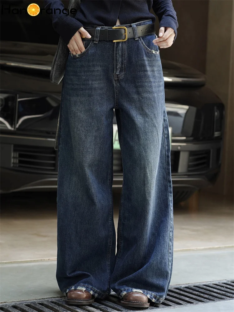 

HanOrange 2025 Autumn Winter Fashion Bottle Cap Decorative Belt Hairy Jeans Women Loose Wide Leg Denim Pants Blue