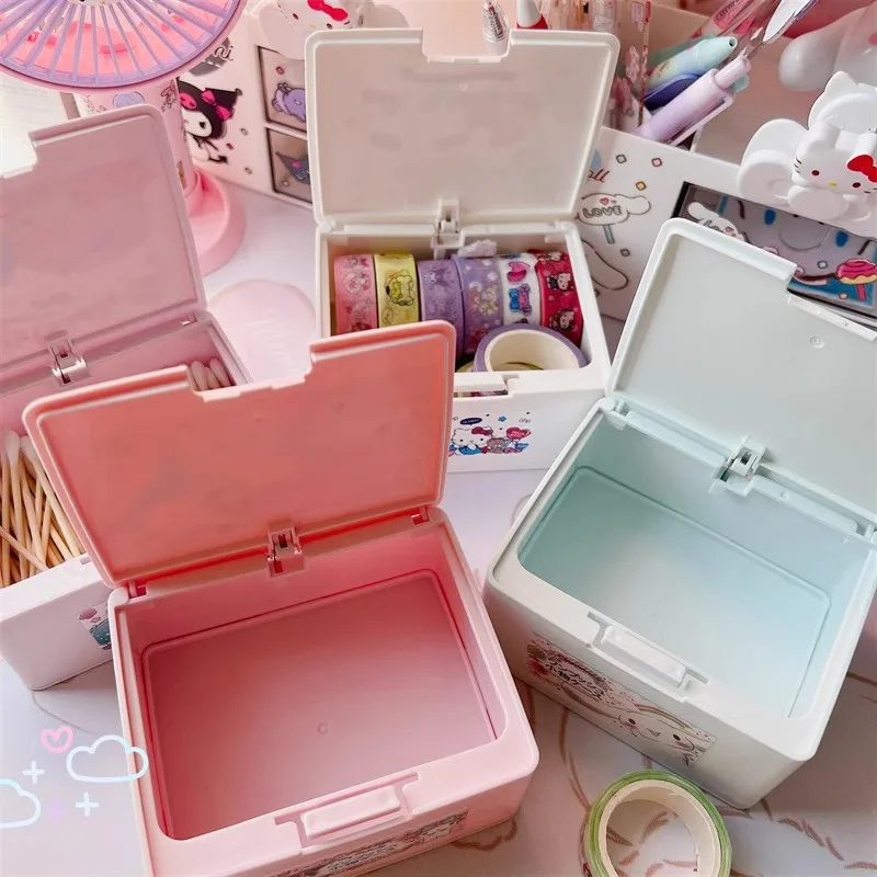 2024 Sanrio Storage Box My Melody Kuromi Cinnamoroll Cartoon Cute Desktop Foldable Cotton Swab Box Girls Portable Jewel Case