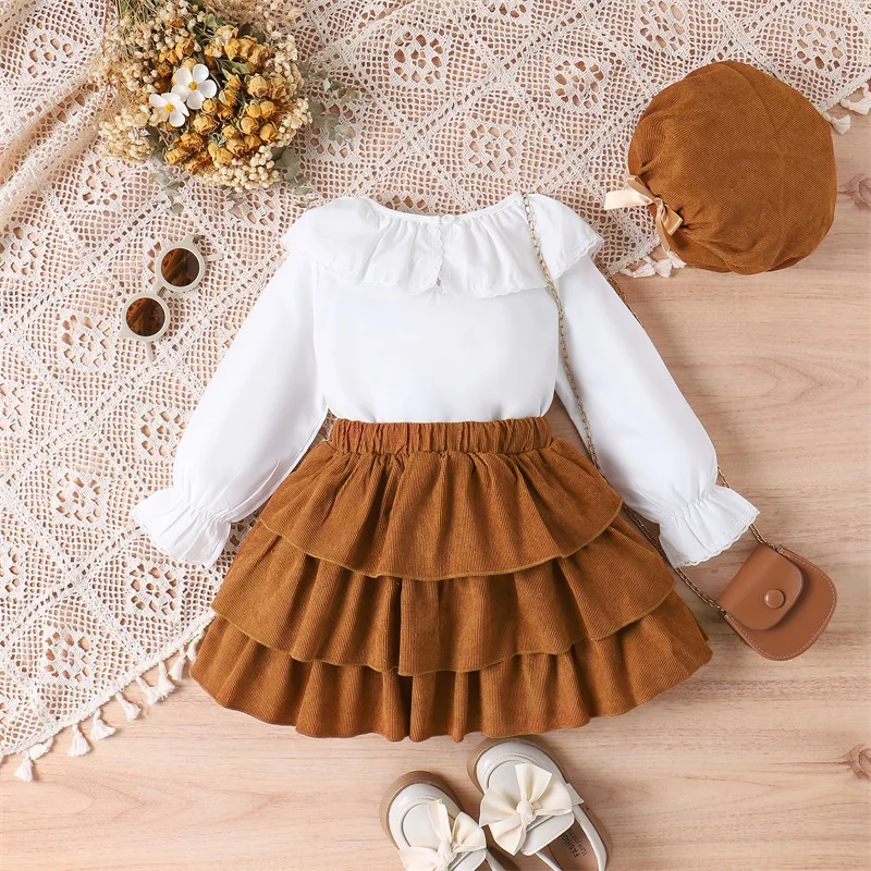 4-7Y Toddler Girl Fall Outfit Cute Doll Collar Long Sleeve T-Shirt Layered Ruffles Skirt Beret Hat 3pcs Children's Clothes Sets