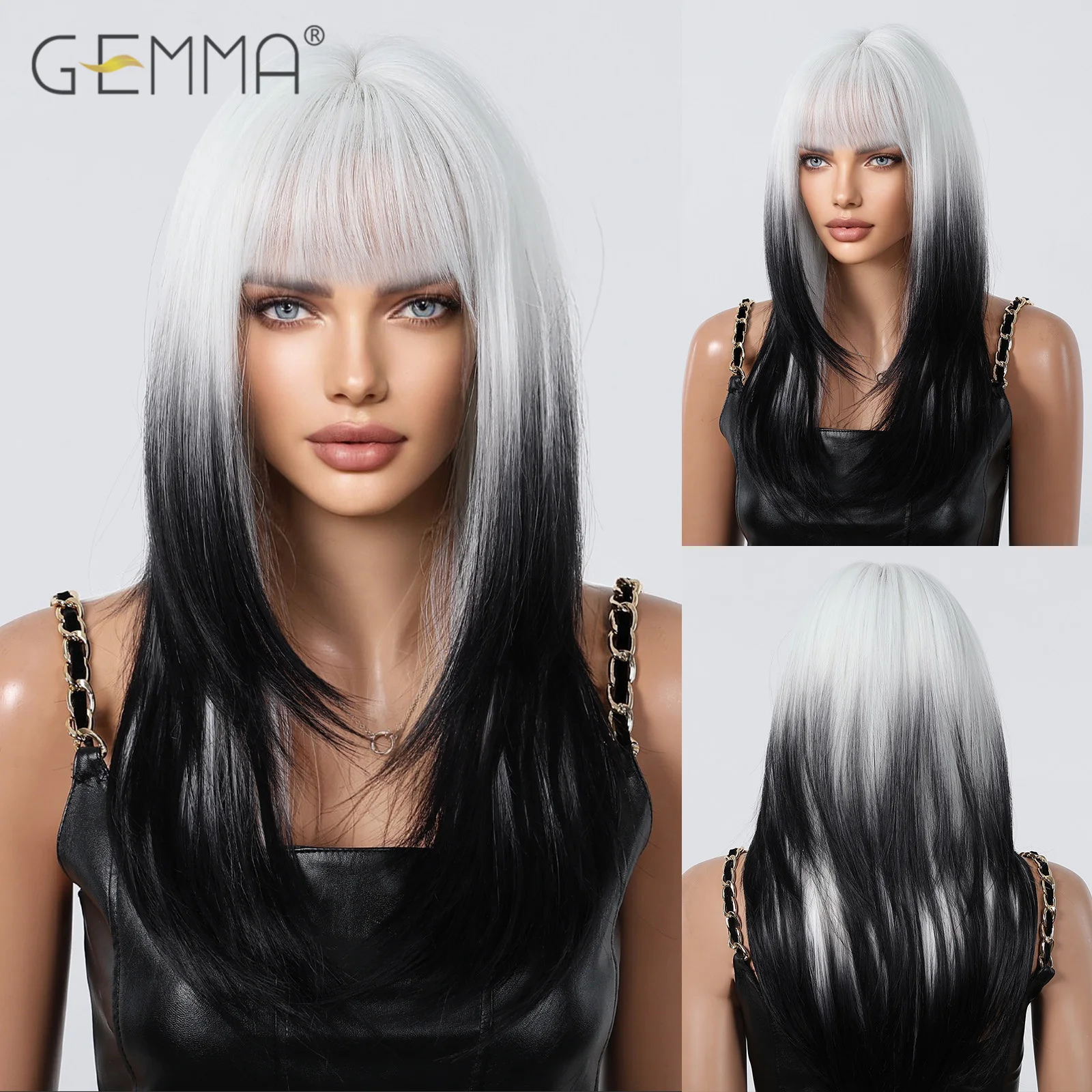 Synthetic White Black Ombre Cosplay Wig with Bangs Long Straight Layered Natural Hair Wigs for Women Heat Resistant Party Hair