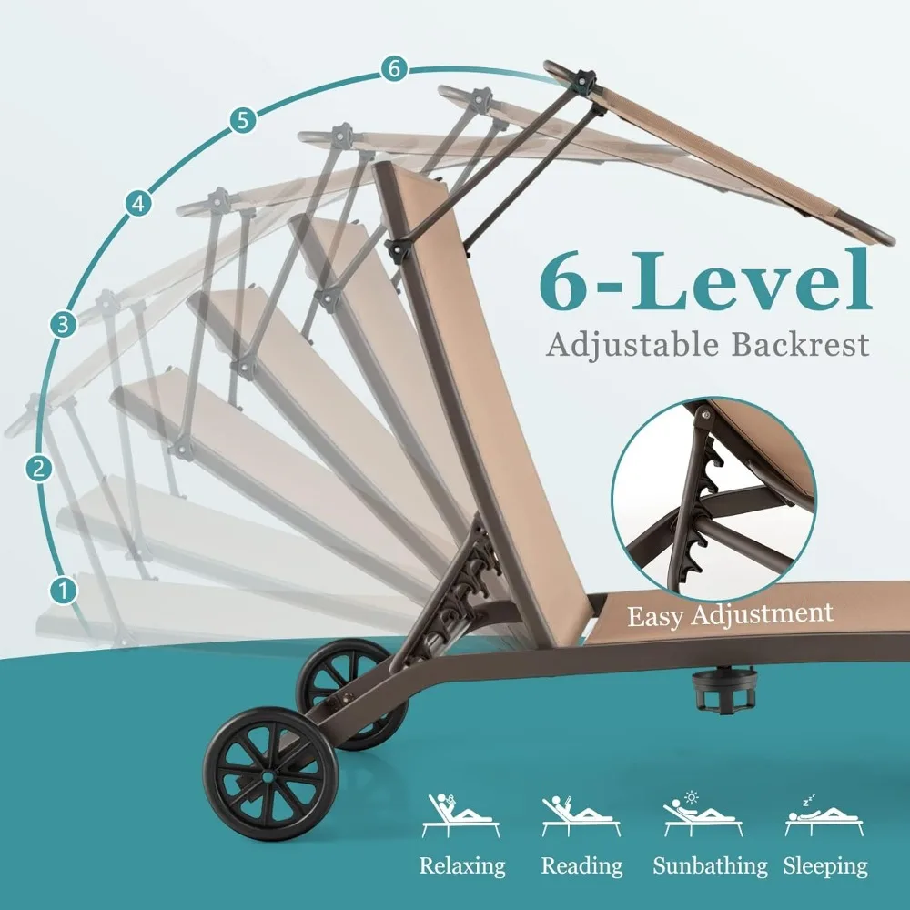كرسي تسمير بمظلة قابلة للتعديل في الهواء الطلق مع عجلات وحامل أكواب، كرسي كرسي متنقل لمنطقة الفناء وحمام السباحة