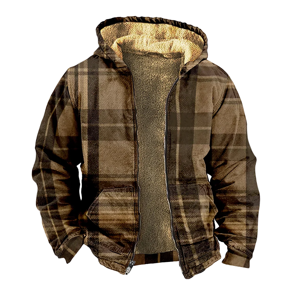 Abrigos de chaquetas de invierno para hombre, ropa de algodón con patrón de cuadros marrón Retro, abrigo portátil de estilo 3D para fiesta