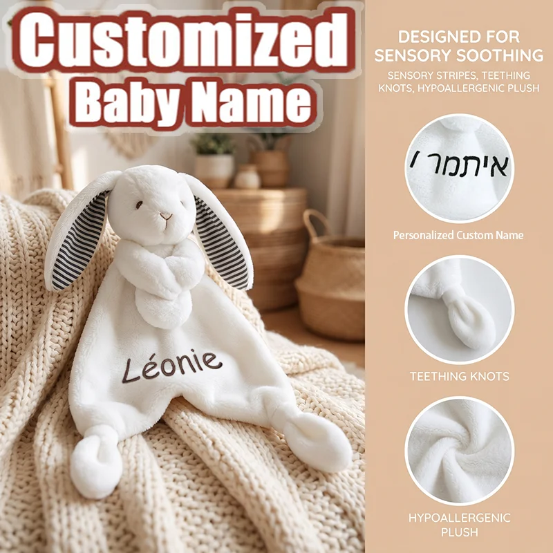 

Personalized Embroidered Name Baby Security Blanket Cute Rabbit Comforter Soft Newborn Sleep Comfort Towel Baby Shower Gifts