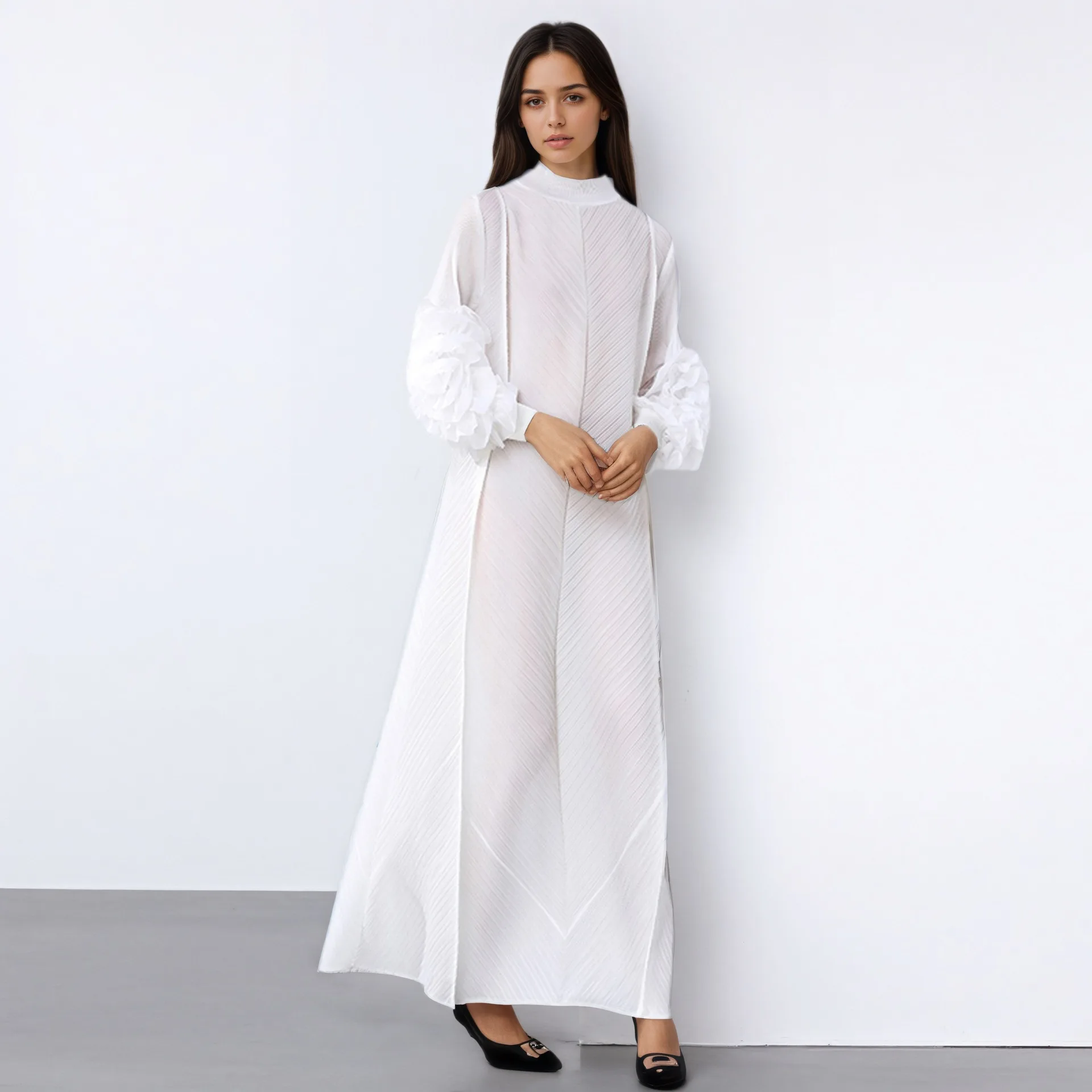 

Large Size Dress Bestseller Spring Summer High-End Feel Stand Collar Bowed Flower Elegant Dress Long Sleeve A-Line Skirt